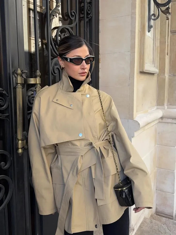 Single Breasted Khaki Belt Trench Coat Women.