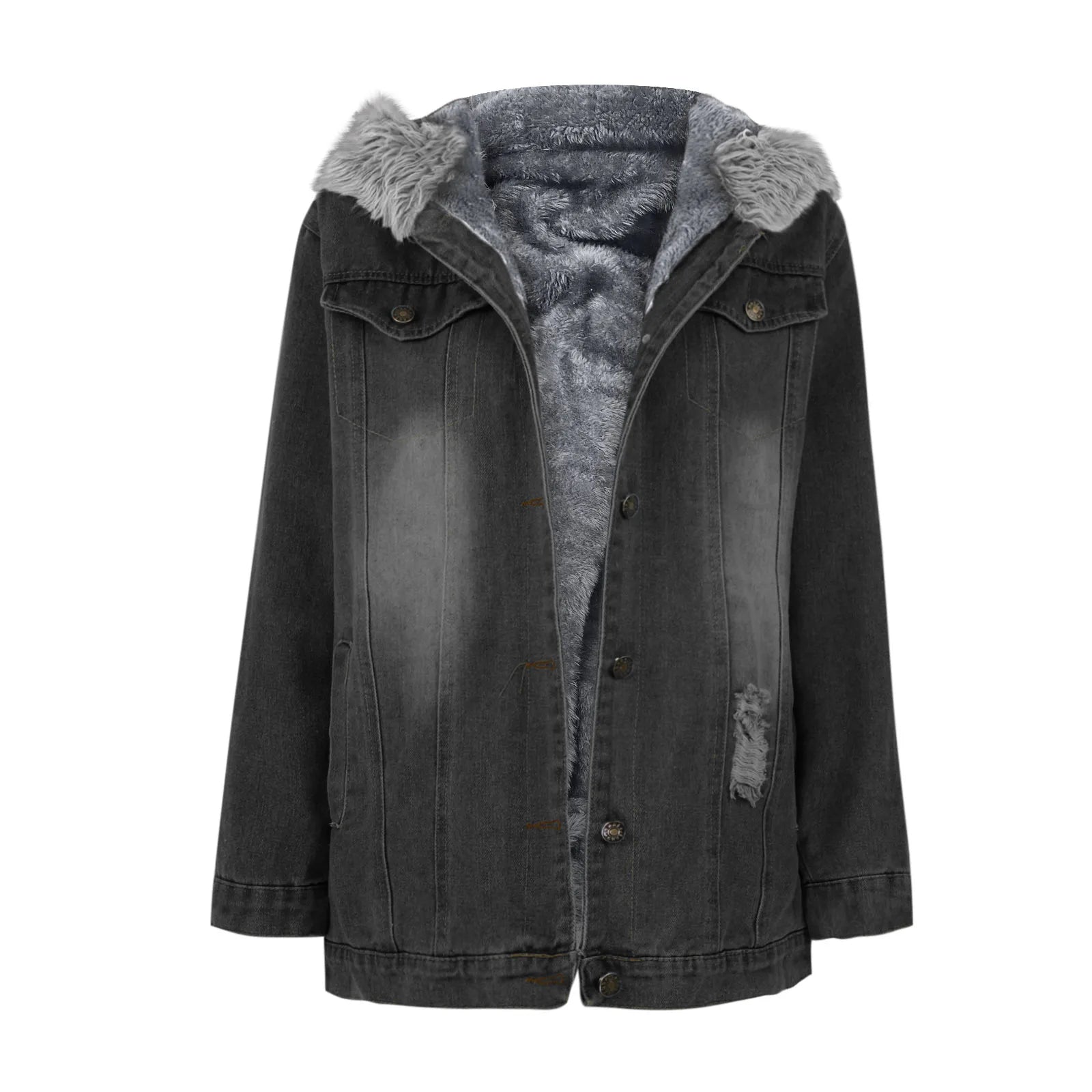New Fashion Hooded Big Fur Collar Denim Jacket .