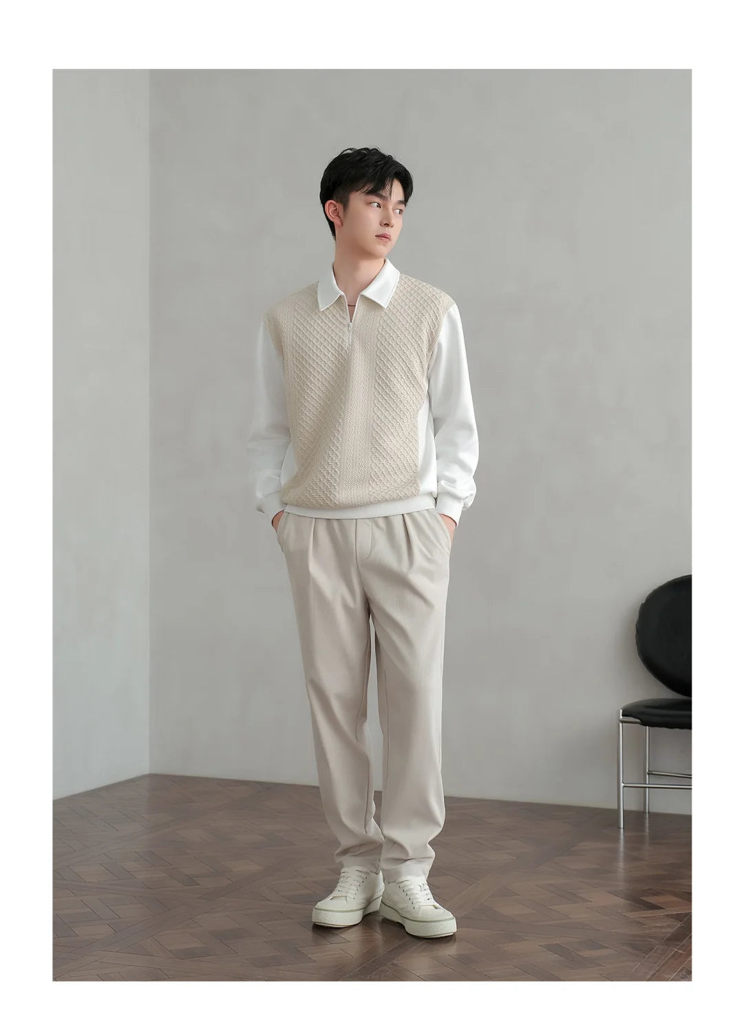 Trend Fashion Men Polo Shirts Spring Autumn New Lapel Half Zipper Fake Two Pieces Contrast Color Korean Casual Long Sleeve Tops