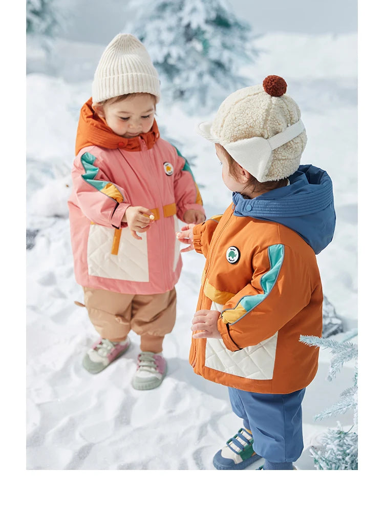 Amila Baby Down Jacket 2024 Winter New Boys Girls Fashion Patchwork Hooded Warm Overcoat Three in One with Pockets Kids Clothing