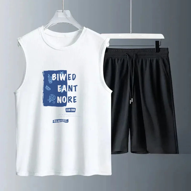 Men's Sleeveless T-Shirt Shorts Set Casual Hollow Tank Top + Shorts hole Hollow Quick Male Breathable Vest 2 Piece Set Blue icon