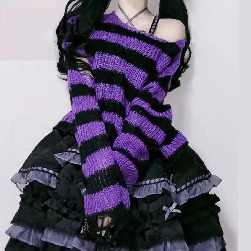 Karrram Pink Striped Gothic Sweaters Women Ripped Holes .