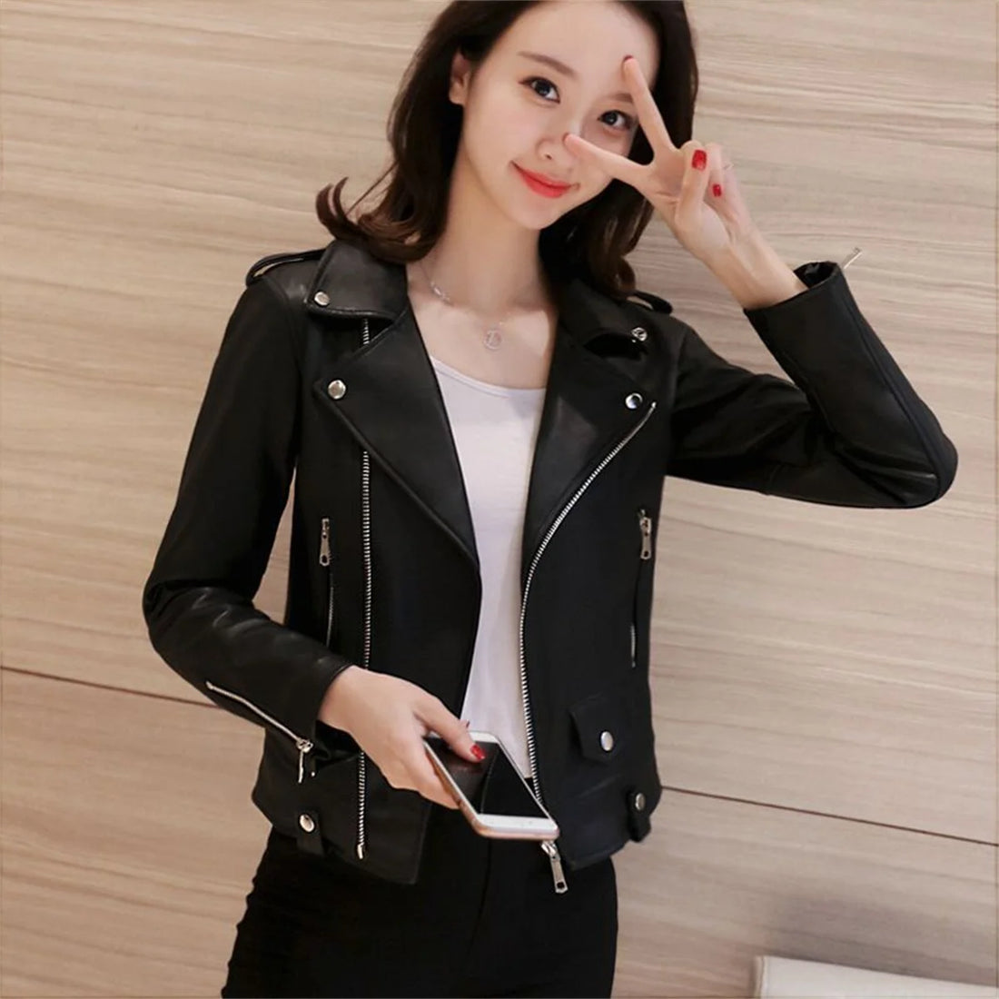 Women Cool Slim Fit Faux Leather Jacket Long Sleeve .