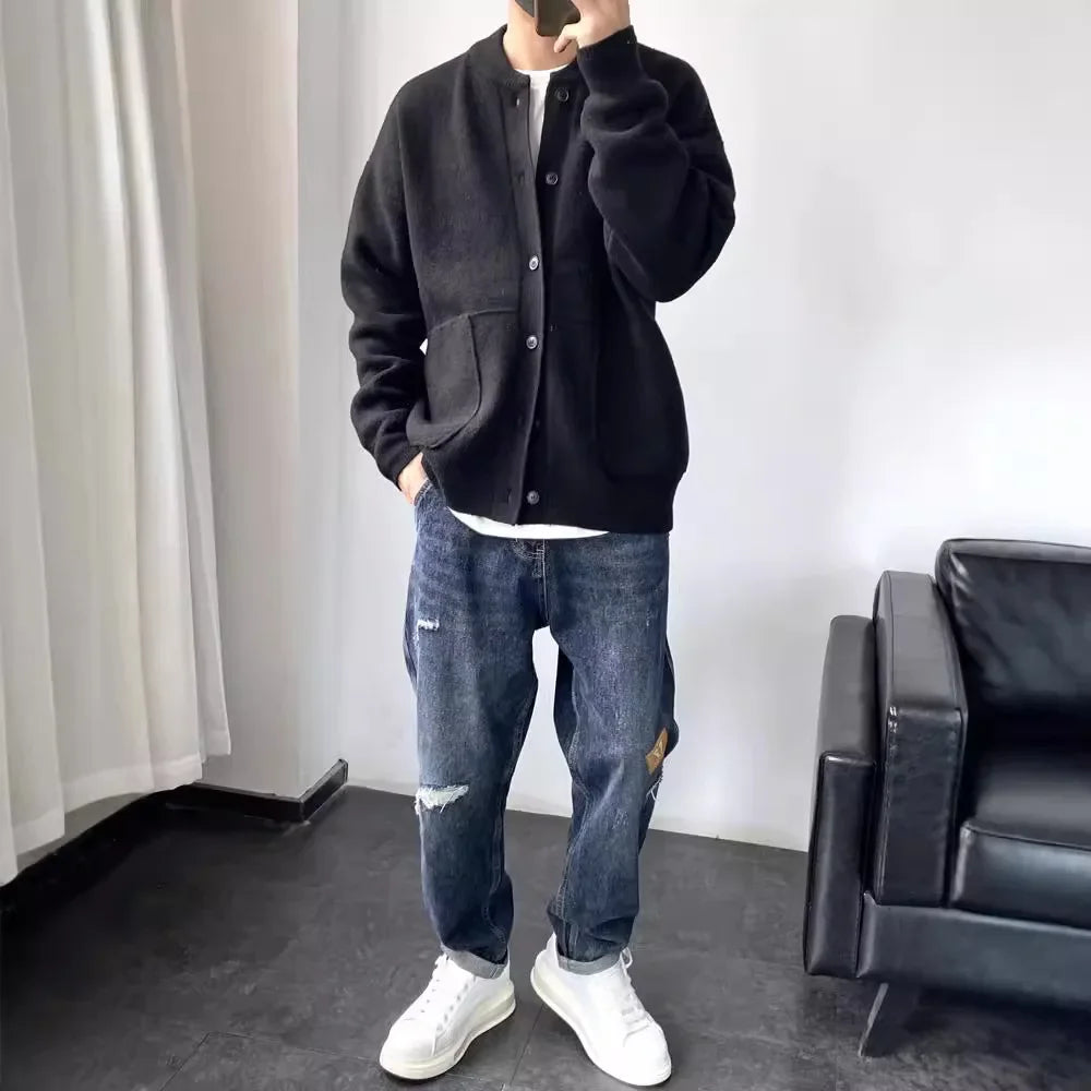 Japanese Style Men's Cardigan Sweater Knitted Top Round Neck Jacket.
