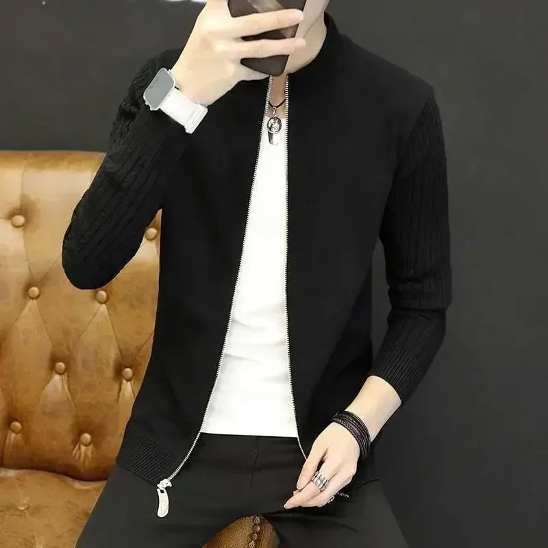 Knit Sweater Male Men's Clothing Cardigan Black Slim Fit Plain .