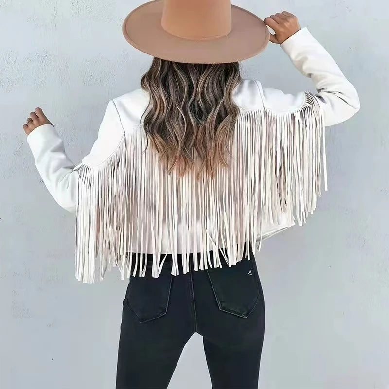 New women Motor Biker Cardigan OutwearsFaux Suede Tassel Jacket.