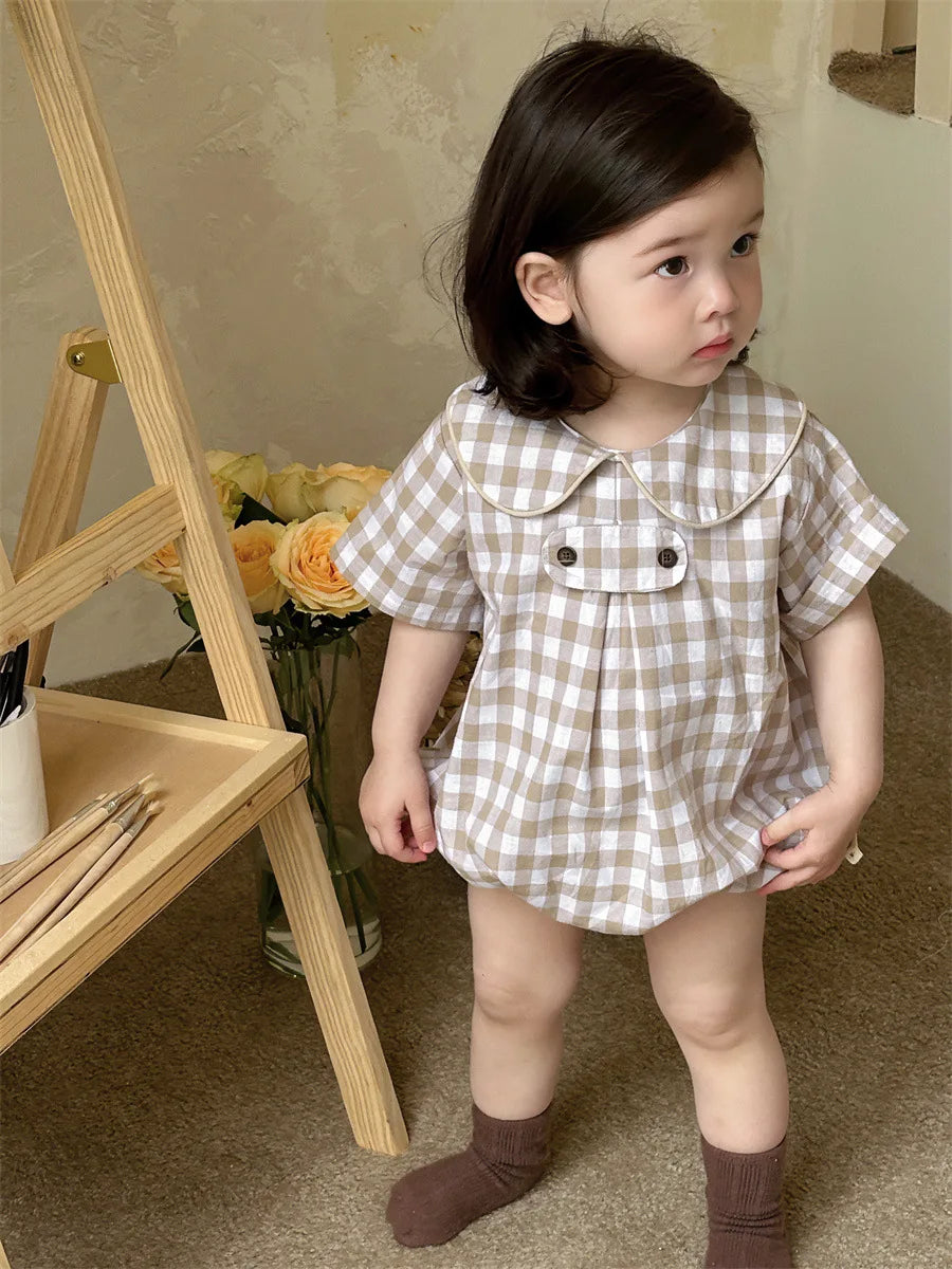 2025 Summer New Baby Girl Plaid Bodysuit Newborn Toddler Girl Dot Print Short Sleeve Jumpsuit Cute Infant Princess Clothes