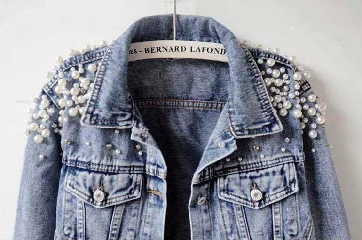 Pearl Denim Coat Women Cotton Spring Autumn Ropa Cardigan Jeans,