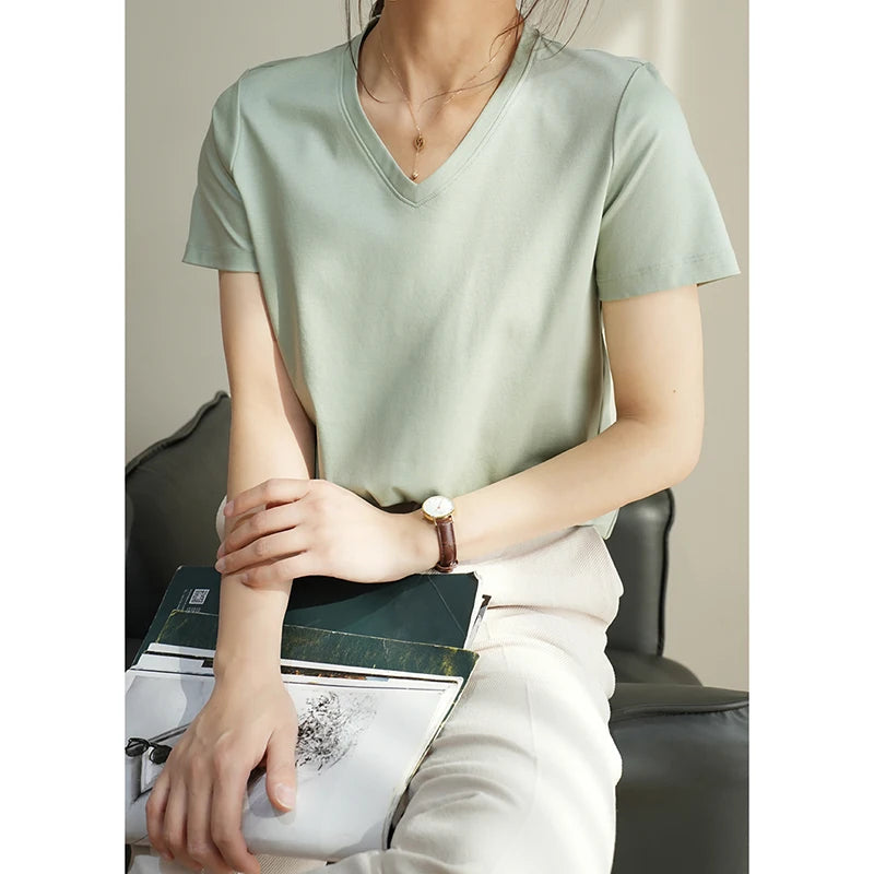 Summer Mercerized Cotton Women Silk T-shirts O Neck Short Sleeve Loose Straight T-shirts Casual Tees For Minimalist 2021