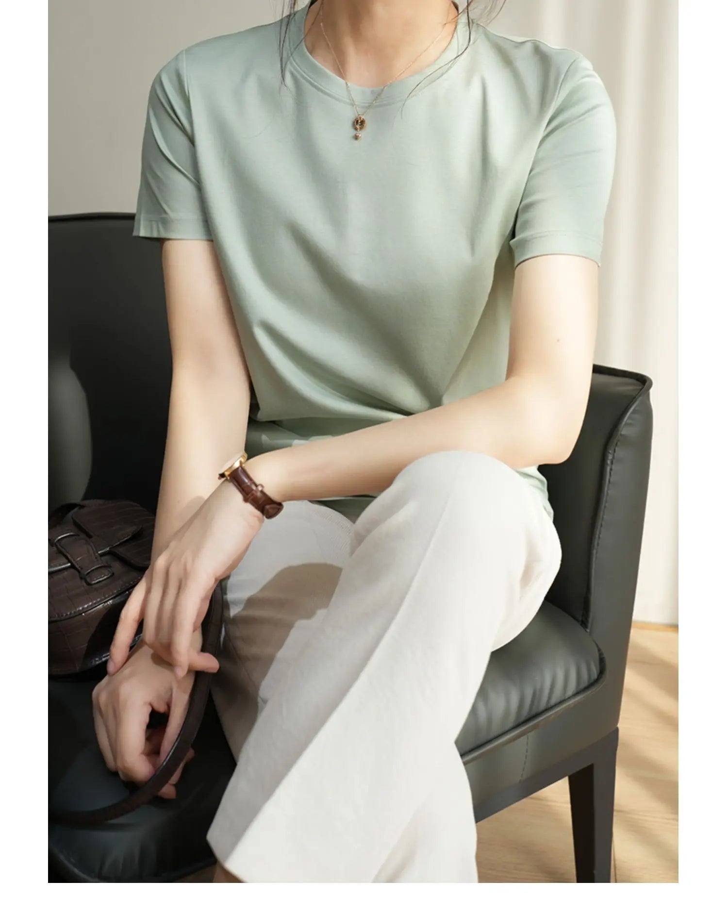 Summer Mercerized Cotton Women Silk T-shirts O Neck Short Sleeve Loose Straight T-shirts Casual Tees For Minimalist 2021