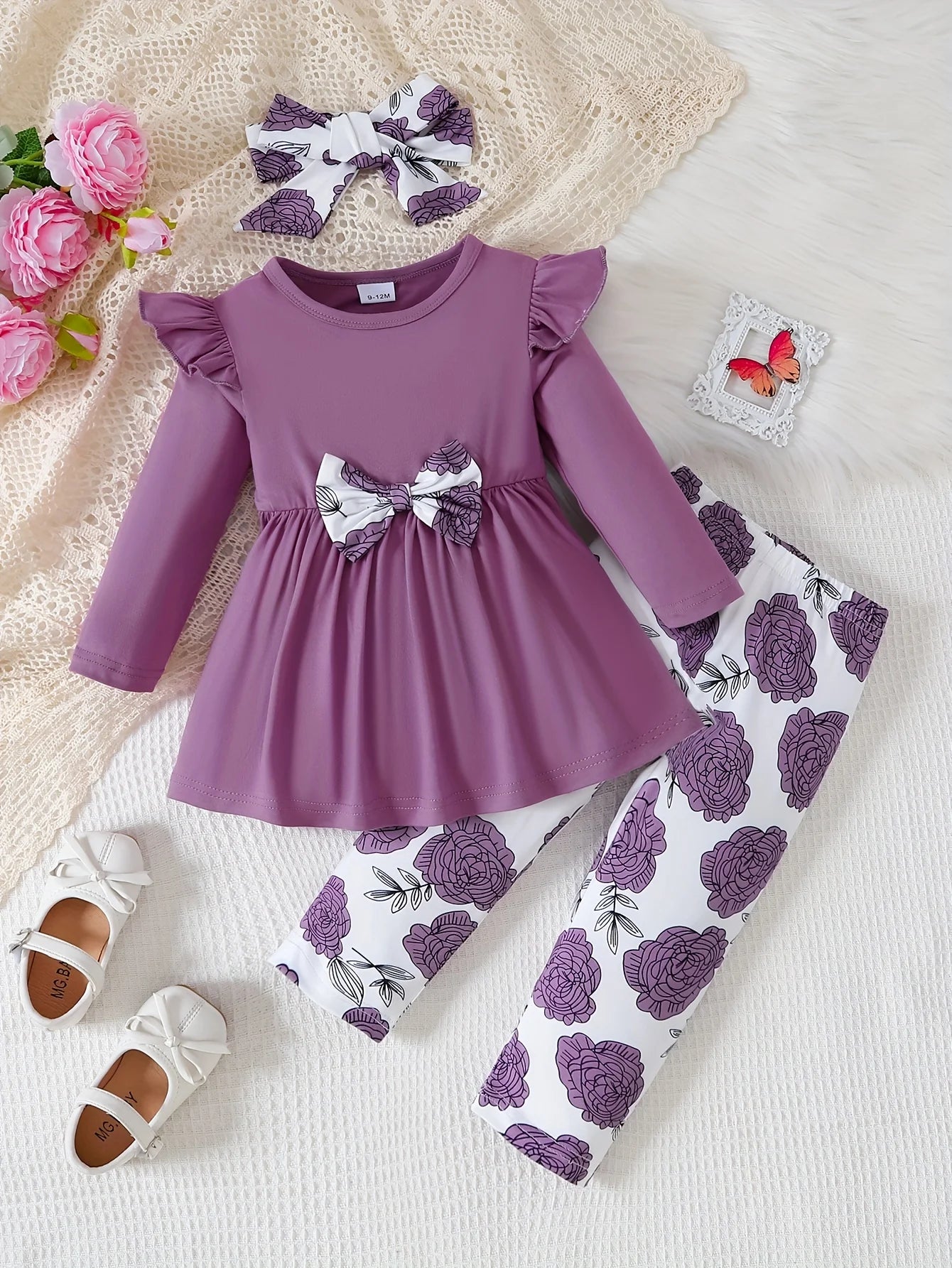 0-3 Years Baby Girl 3PCS Clothes Set Purple Short Sleeved Top+Floral Pants+Headband Fashion Toddler Girl Summer Daily Outfits