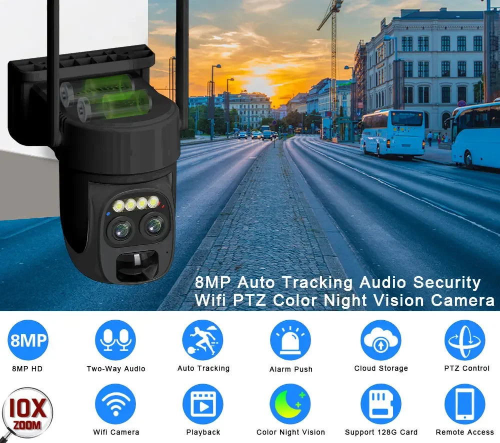4K 8MP Dual Lens WIFI Solar Pane Camera Outdoor 10X Optical Zoom .