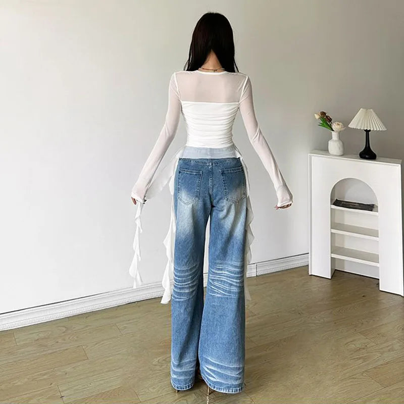 Ruffle Irregular Long Sleeve Women T Shirt Y2K Fashion Streetwear Patchwork Asymmetrical Top Korean Chic Sheer Mesh Ladies Tees