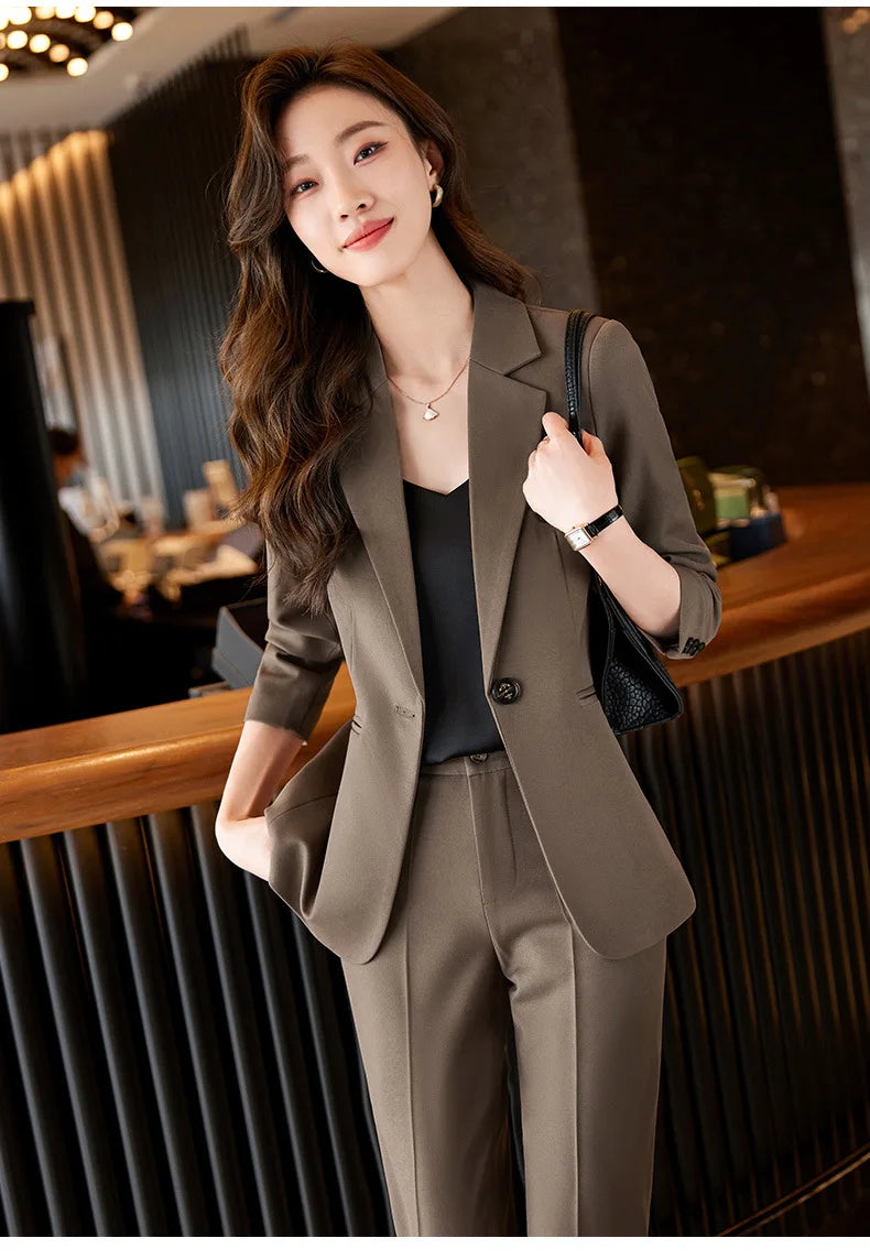 Office Lady Single Button Blazer Chic High Waisted Pants 2 Piece Set.