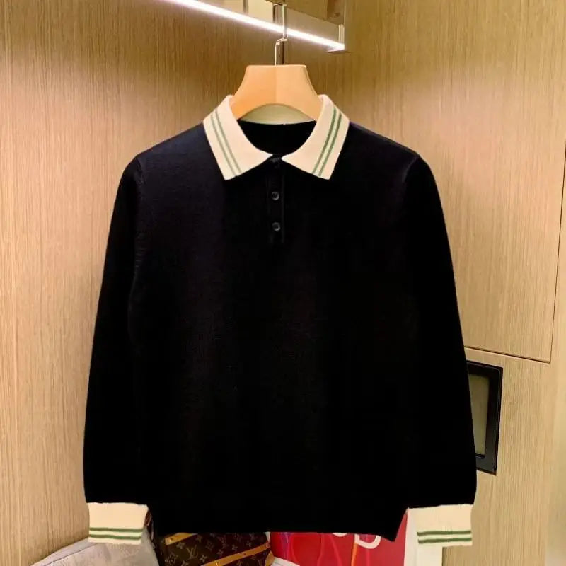 Spring Autumn Men's Light Luxury turn-down collar Knitted Polo Shirt Solid Color Long-sleeved Pullover Knitwear Streetwear