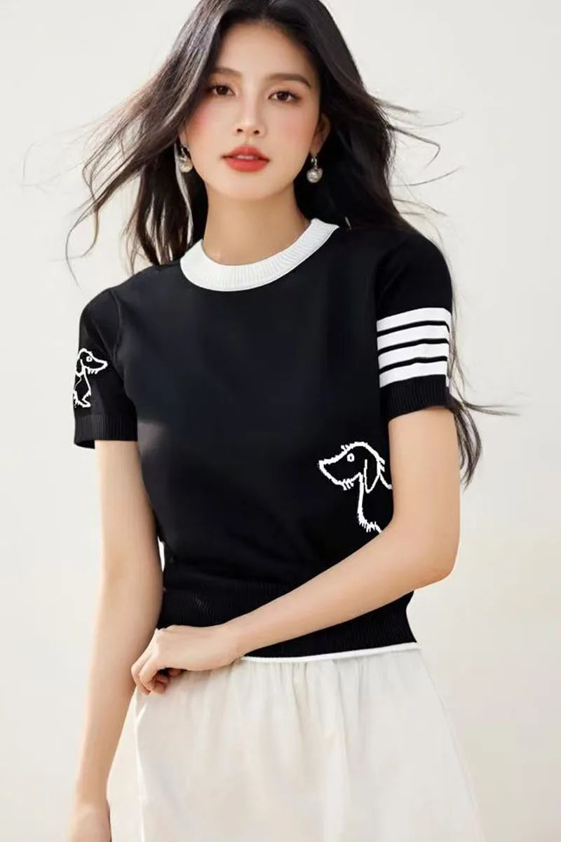 Summer wool women's round neck short sleeved pullover sweater soft  breathable high-quality sweater fashionable solid color top