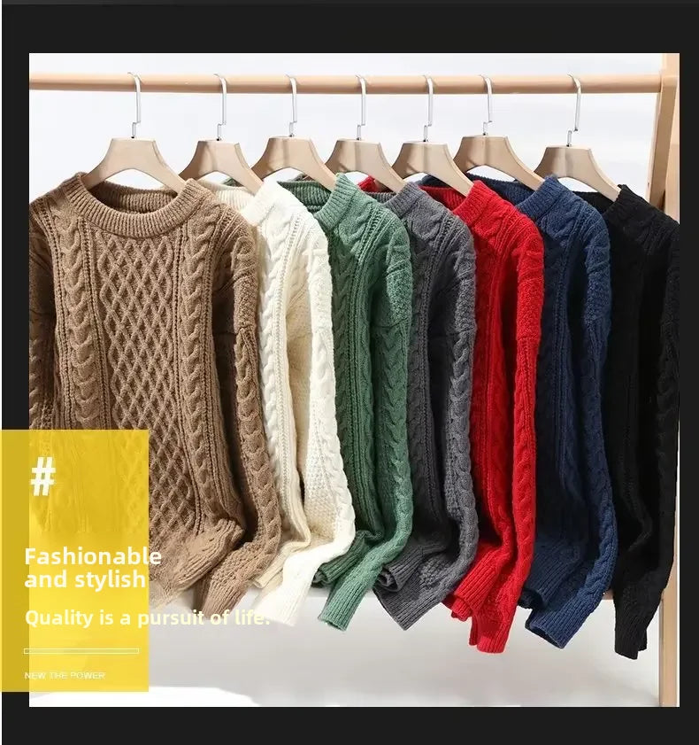 Trendy Knitted Sweater For Men Casual Round Neck Warm Inner Loose.