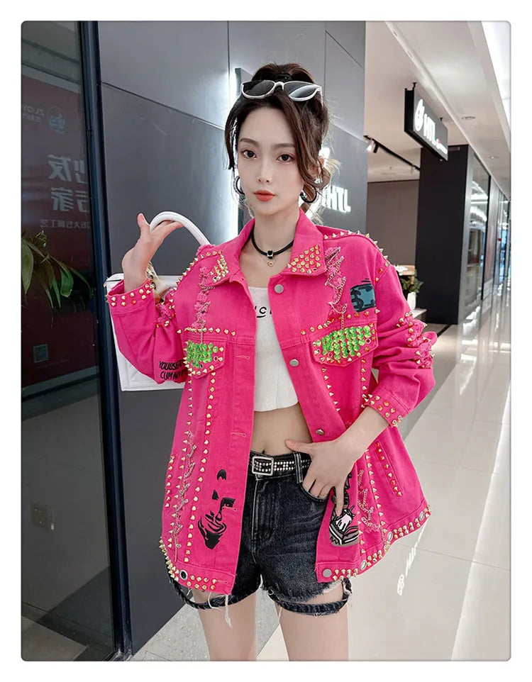Women Graffiti Printed Rivets Denim Jacket Loose Holes Diamonds .