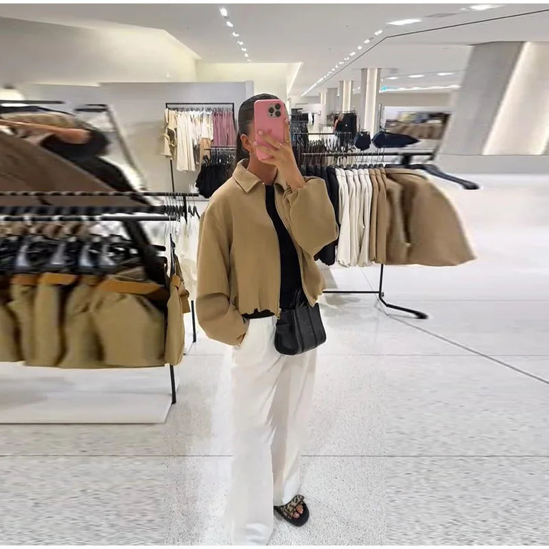 Casual Solid Zipper Lapel Short Jacket Women Long Sleeve .