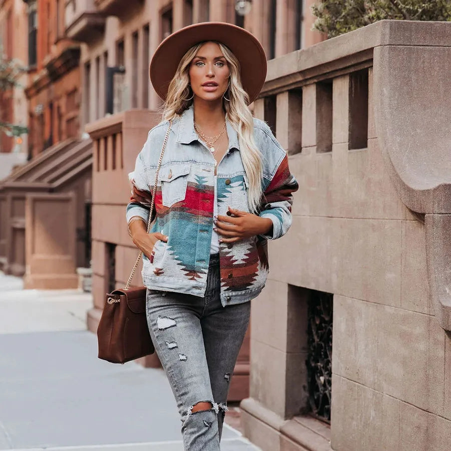 Europe and The United States Long Sleeve Lapel Loose Denim .