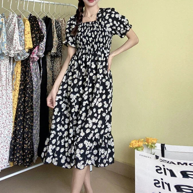 Spring Summer Elastic Waist Chiffon Dress Women Casual Dresses Fashion Female  Vestidos Short Sleeve Pleated A-line Dresses