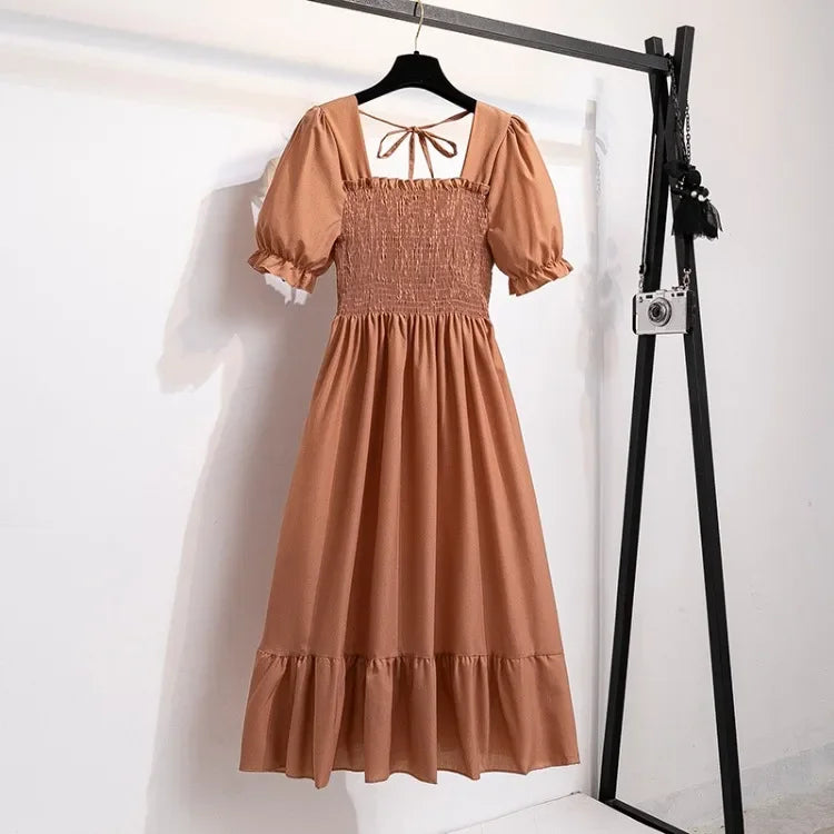 Spring Summer Elastic Waist Chiffon Dress Women Casual Dresses Fashion Female  Vestidos Short Sleeve Pleated A-line Dresses