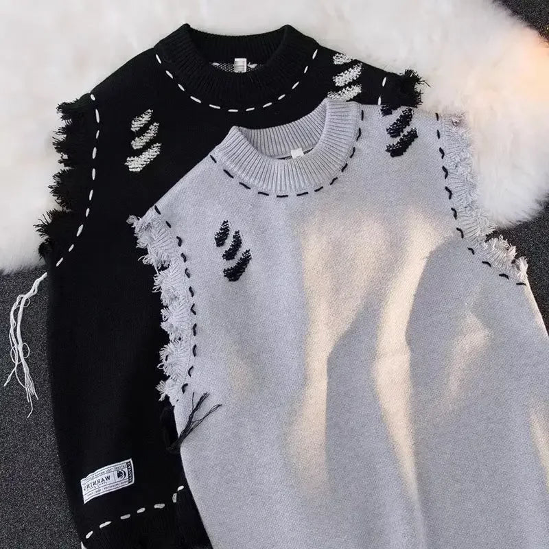 2023 Autumn New Men's Fringe Vest Sweater American Style Street Destructive Sense Round Neck Knitted Top Jacket Casual Scene