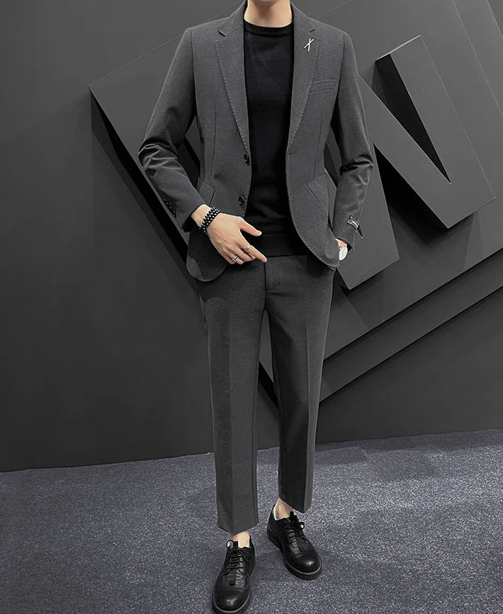 2 Piece Formal Outfit Set Male Big Size Grey Full Men's Dress .