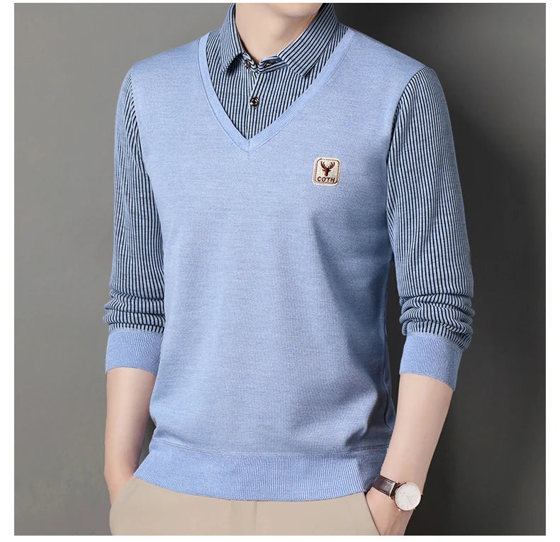 Men's Winter Sweater Fashion Polo Shirt Pullover Slim Fit Elegant Luxury Brand Knitwear Fake Two Pieces Knitted Sweaters