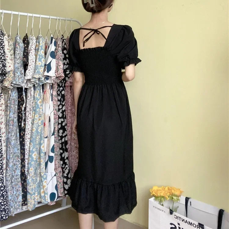 Spring Summer Elastic Waist Chiffon Dress Women Casual Dresses Fashion Female  Vestidos Short Sleeve Pleated A-line Dresses