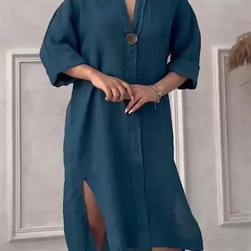 Women's Casual Button-Up Linen irt Long Ne round Color women fashion;/MH