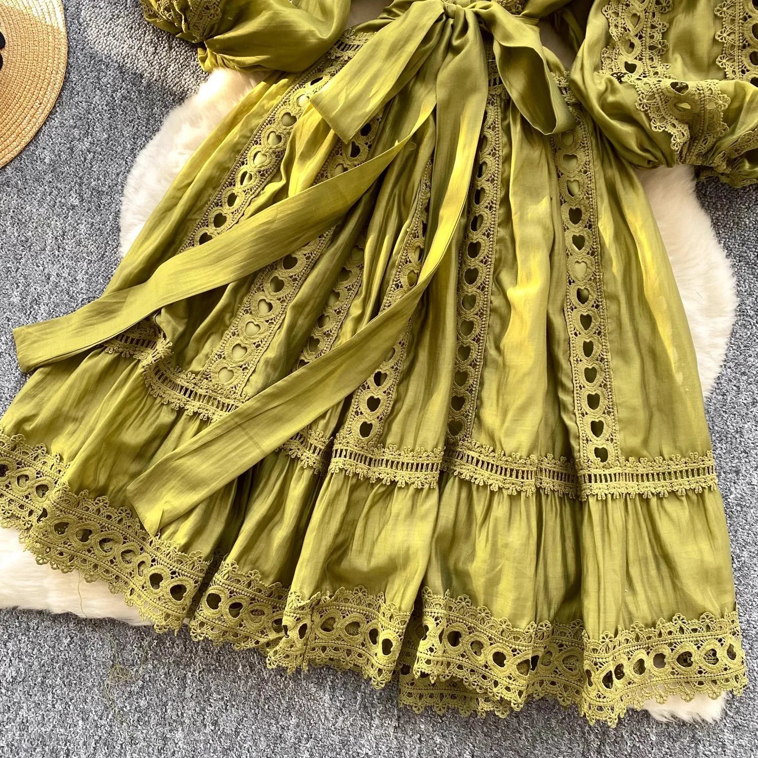 Spring Summer Embroidery Lace Stitching Hollow Out Midi Dress Women's Stand Collar Single Breasted Belt Loose Party Vestidos