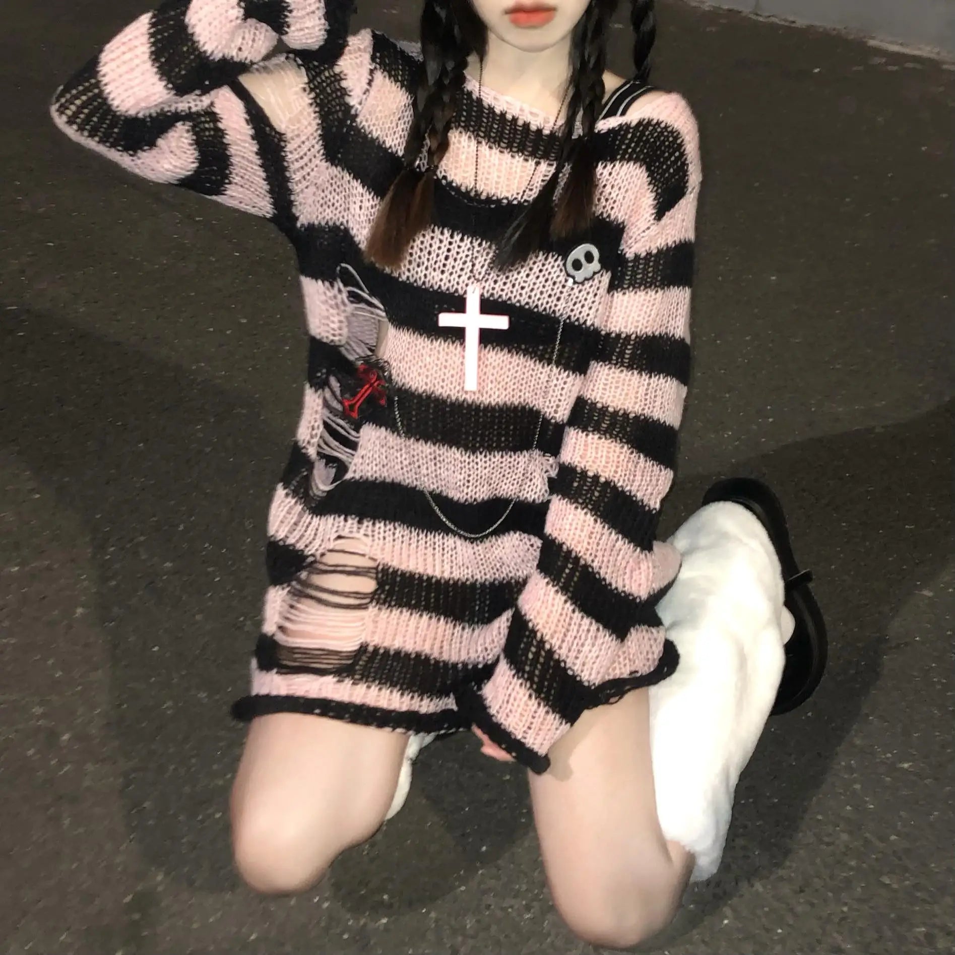 Karrram Pink Striped Gothic Sweaters Women Ripped Holes .
