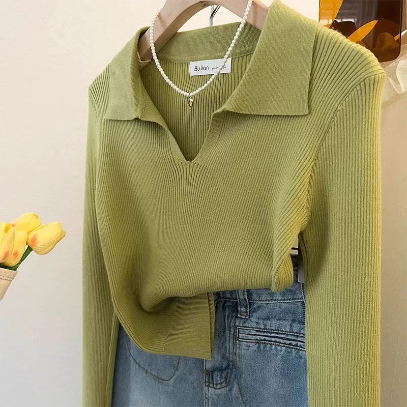 Women Clothing Vintage Fashion Solid Turn-down Collar Pullovers.