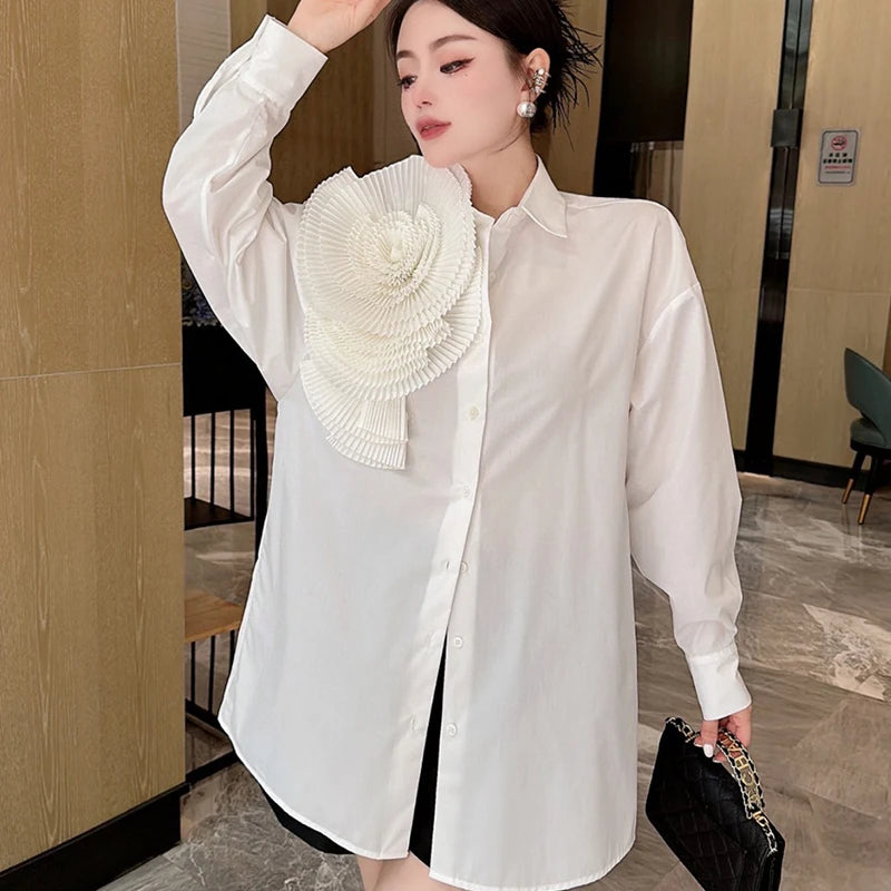 2025 Camisas De Mujer Blouse for Women Elegant Floral Shirts Oversized Tops Long Sleeve Fashion Pleated White Casual Blouses