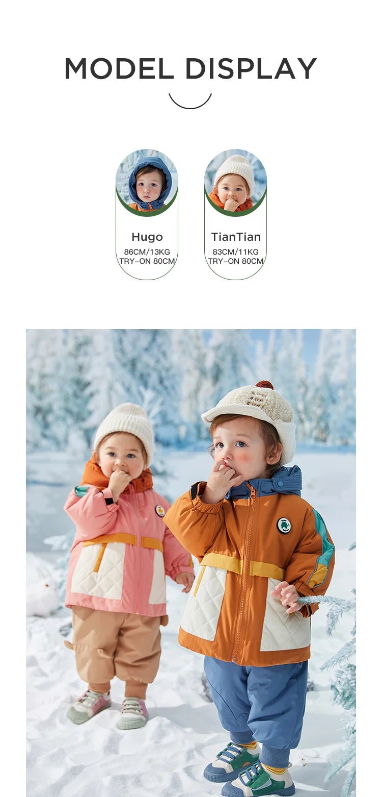 Amila Baby Down Jacket 2024 Winter New Boys Girls Fashion Patchwork Hooded Warm Overcoat Three in One with Pockets Kids Clothing