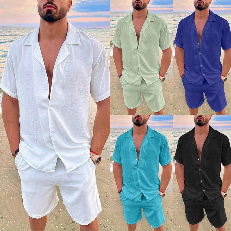Men's Summer Casual Loose Two Piece Sets Beach Solid Cotton .