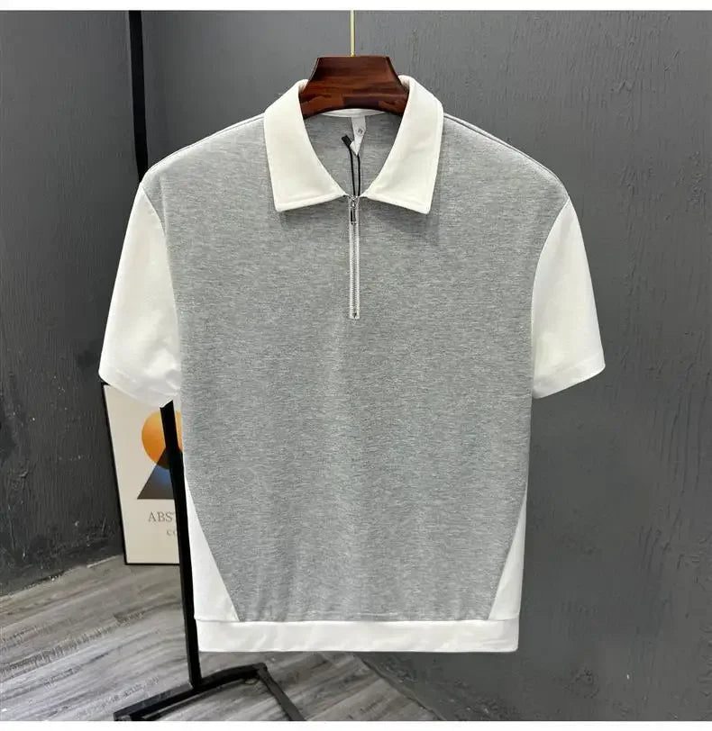 Fashionable Half-zipped Men's Polo Shirt Casual Color Block Short Sleeves Summer Trendy Lightweight Style Men's T-shirt