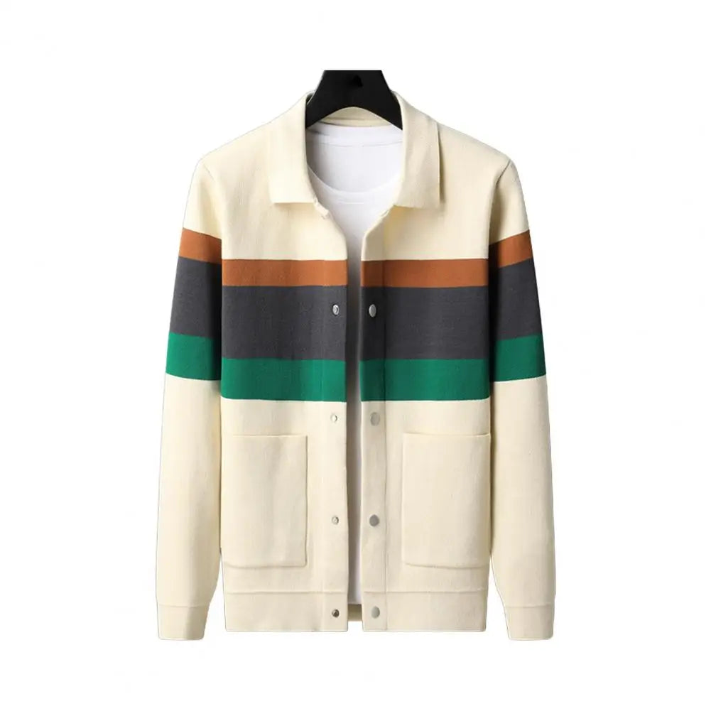 Fall Winter Men Cardigan Sweater Coloblock Turn-down.