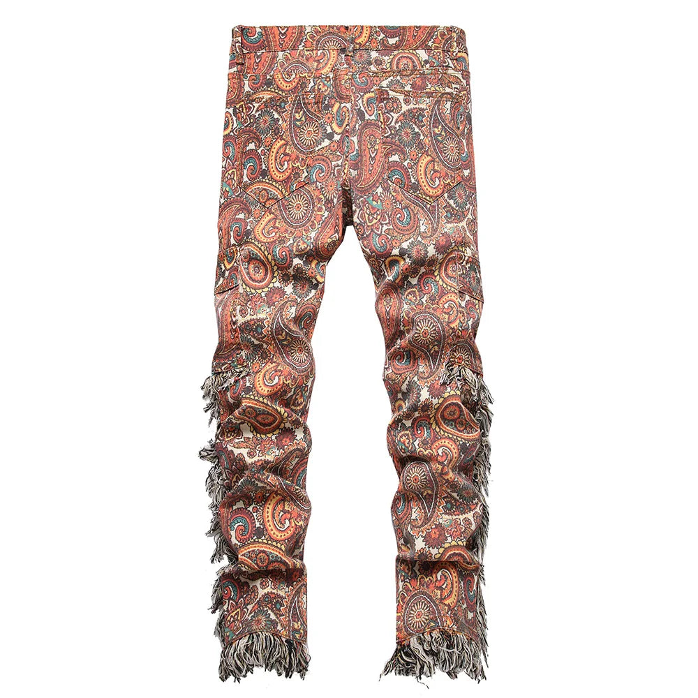 Men Bandana Print Pants Plus Size Multi Pockets Cargo Jeans .