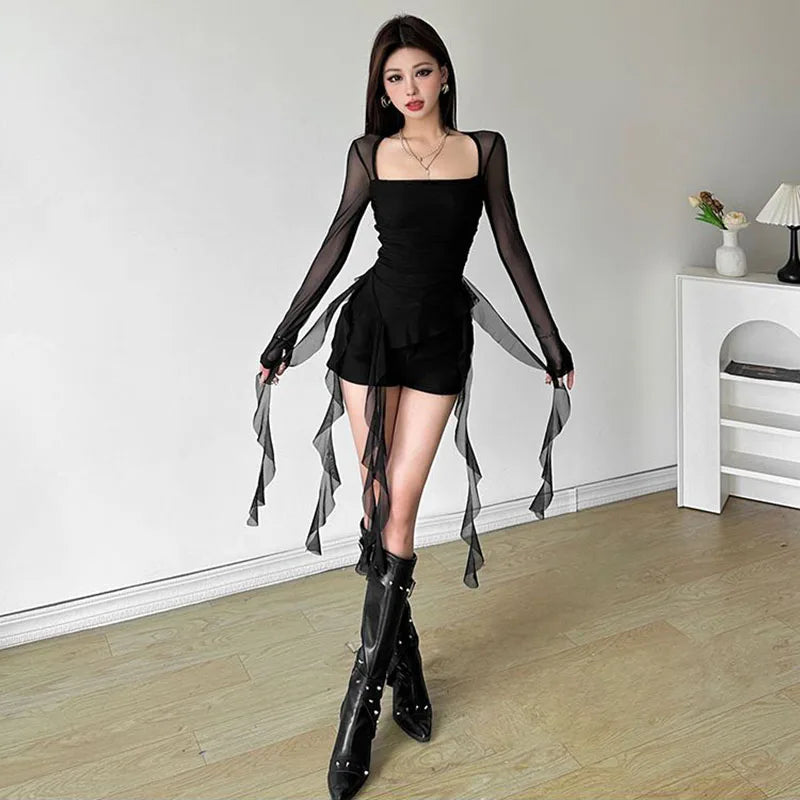 Ruffle Irregular Long Sleeve Women T Shirt Y2K Fashion Streetwear Patchwork Asymmetrical Top Korean Chic Sheer Mesh Ladies Tees