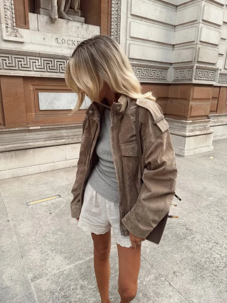 Solid Suede Zipper Cropped Jacket Women Casual Stand Collar .