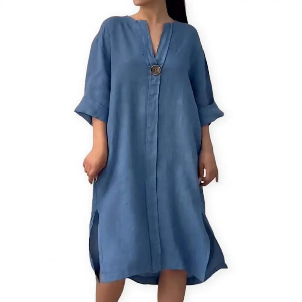 Soft Fabric Women Dress Button V-neck Dress Women's 'fashion/MH