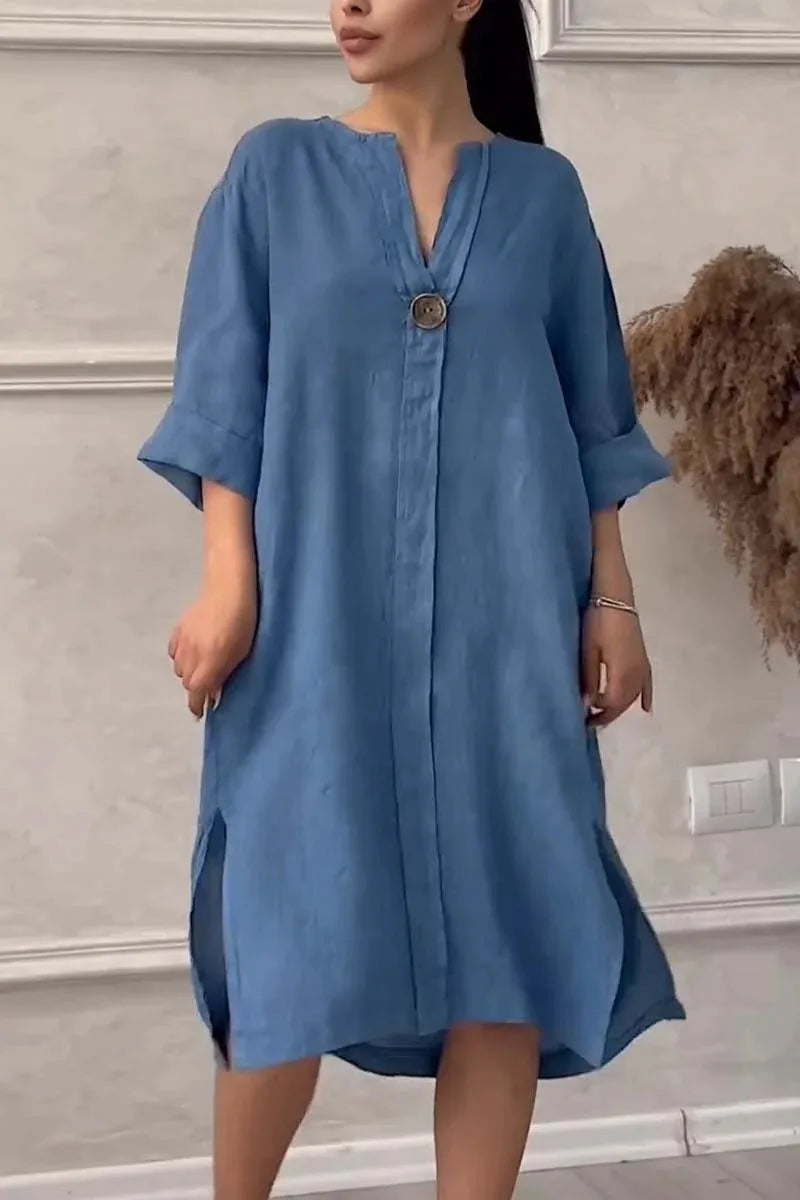 Elegant O-neck Long-sleeved Button Dress For Women ./ MH