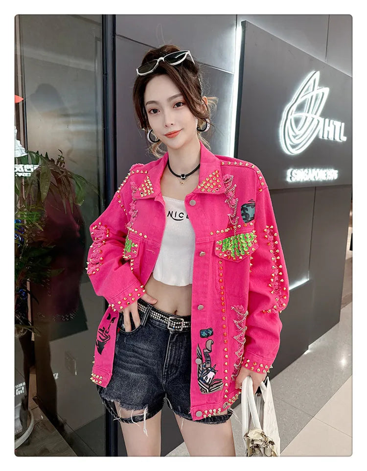 Women Graffiti Printed Rivets Denim Jacket Loose Holes Diamonds .