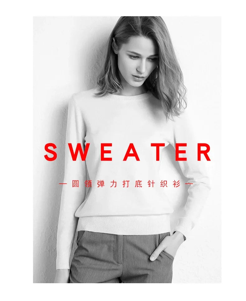 Women Slim O-Neck Pullover Cashmere Wool Blending Sweater.