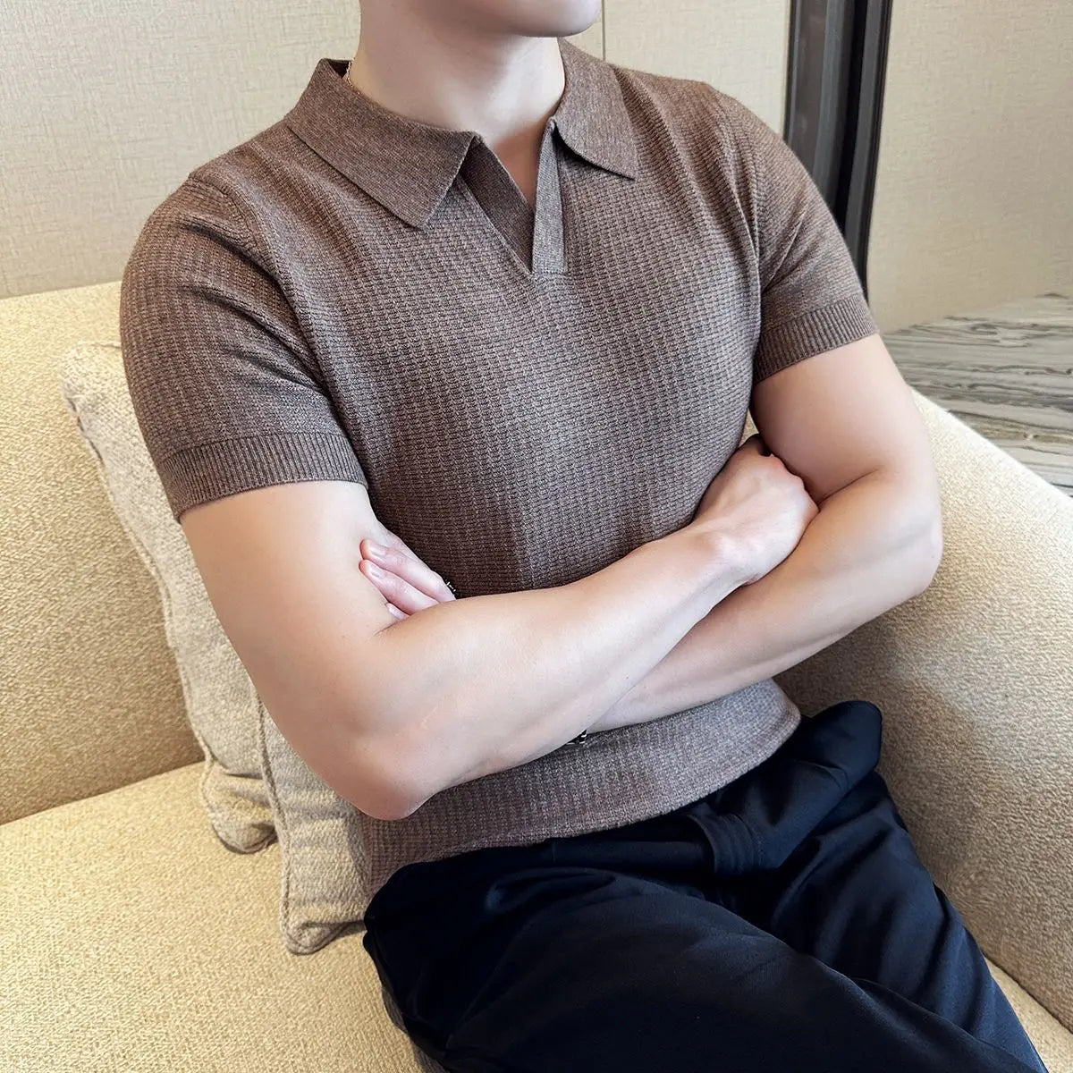Men's Polo Shirt, Korean Style Slim Fit Collar Solid Color Casual Thin Sleeve Trendy Knit Top