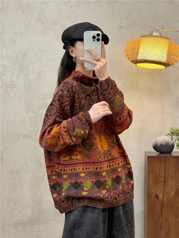Amax luluE Fashion Pullover Woman Winter Printed Loose.
