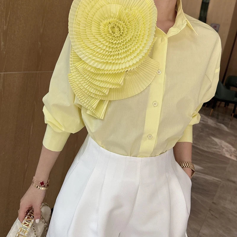 2025 Camisas De Mujer Blouse for Women Elegant Floral Shirts Oversized Tops Long Sleeve Fashion Pleated White Casual Blouses