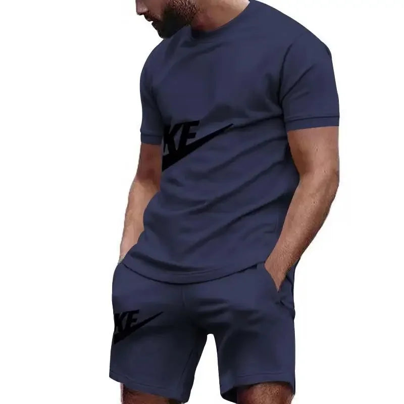 Men 2025 summer new casual sports suit Fashion breathable outdoor men's short-sleeved T-shirt + training shorts two-piece set
